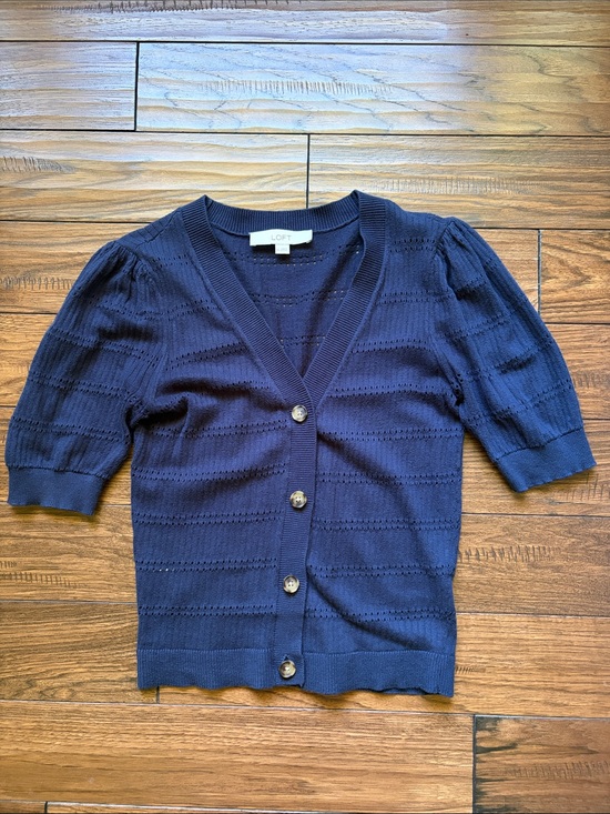 LOFT Sweaters - LOFT Navy Short-Sleeve Pointelle V-Neck Cardigan